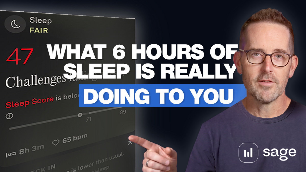 A man with glasses and a beard wearing a dark blue t-shirt points toward a smartphone screen showing sleep app metrics. Large white and blue text reads 'WHAT 6 HOURS OF SLEEP IS REALLY DOING TO YOU' on a dark background, with a Sage logo in the bottom right corner.