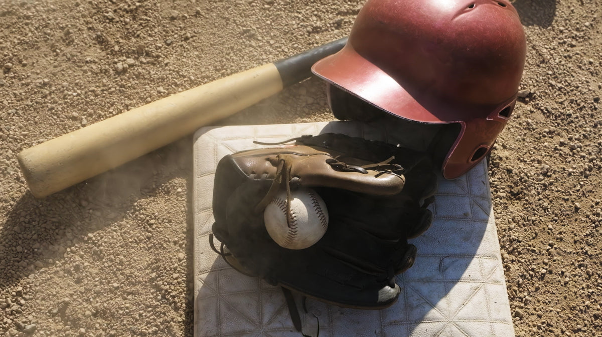 A baseball glove holding a baseball, topped with a red batting helmet and a wooden bat, arranged on a white home plate on a dirt field.