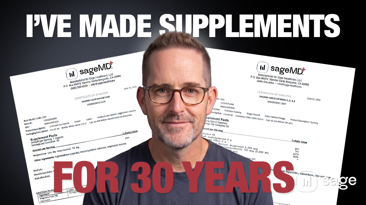 Founder of Sage Healthspan, Brent Eck with the headline "I've Made Supplements for 30 years" in front of SageMD certicate of analysis.