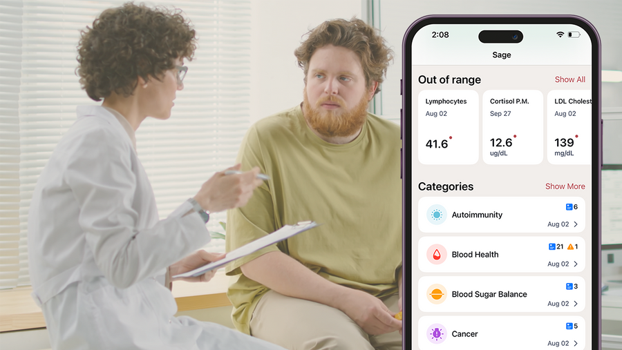 Doctor discussing health results with a patient, with smartphone display of Sage Health app showing out of range biomarkers and categories.