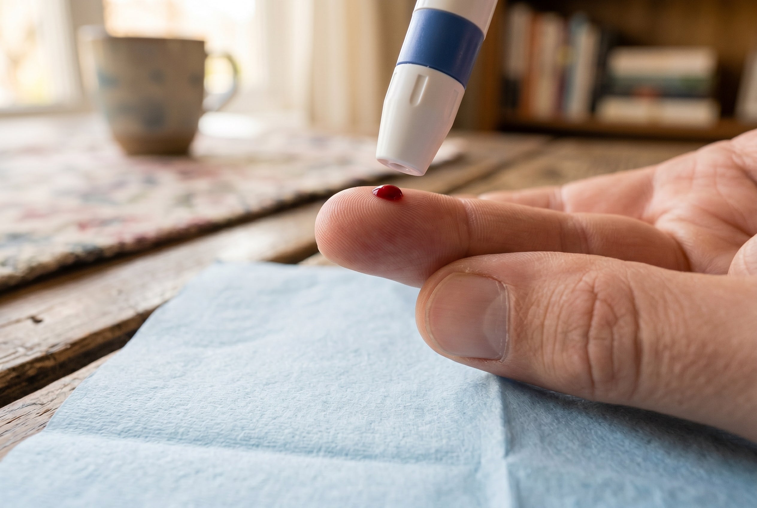 Person taking a blood sample from their finger with a lancet device at home.