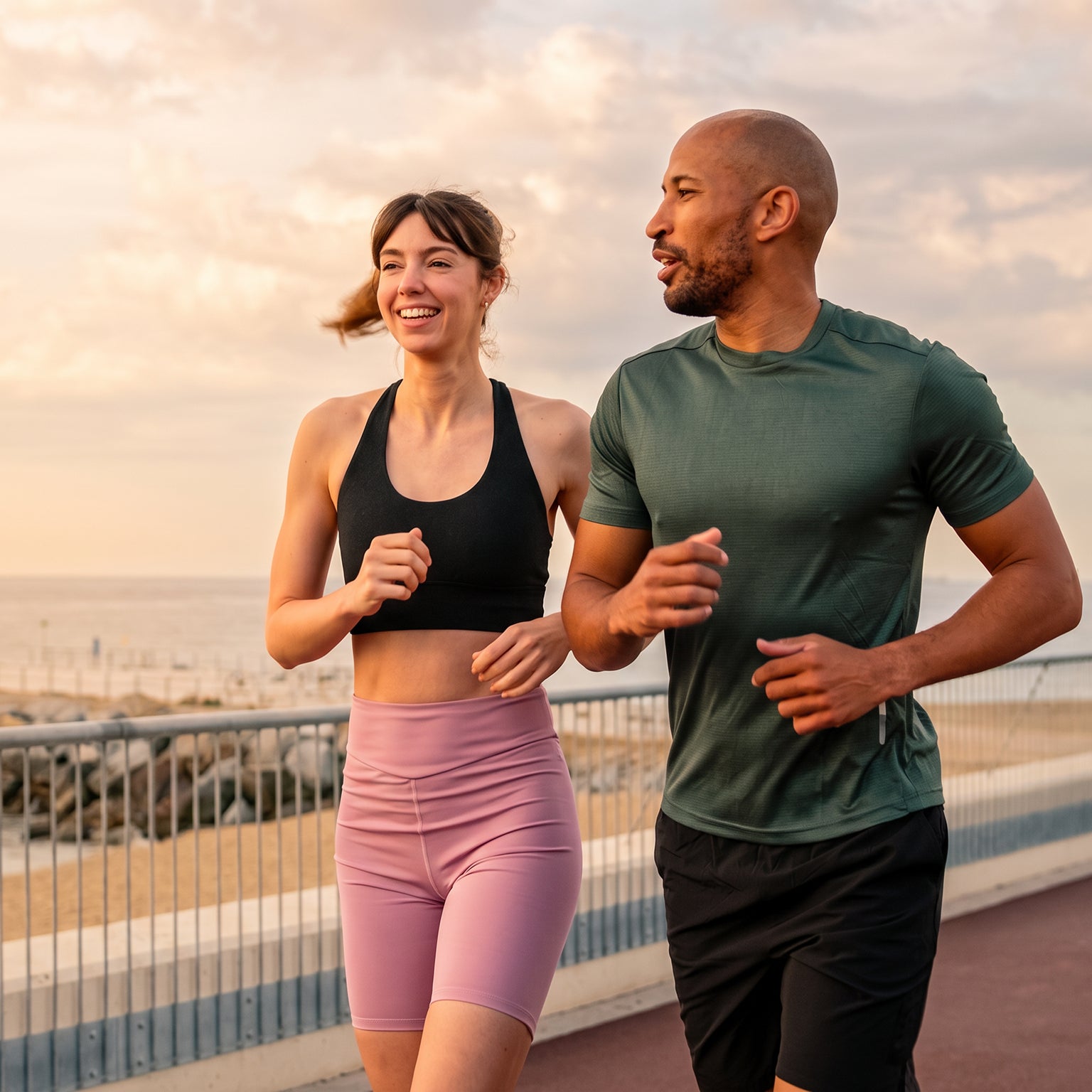 A smiling woman in a black sports bra and pink biker shorts runs beside a man in a green t-shirt and black shorts on a seaside boardwalk at sunset.