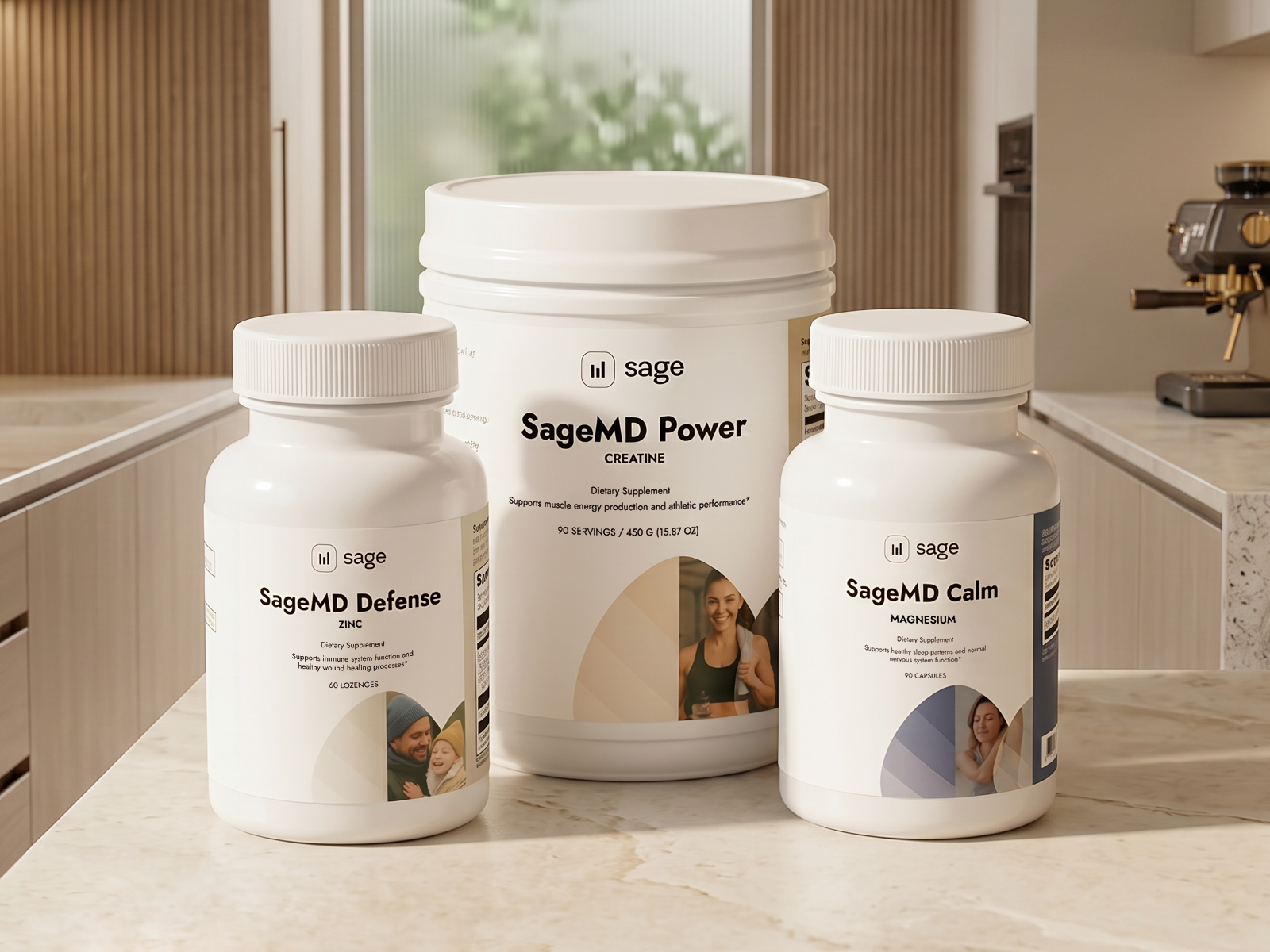 Three SageMD supplement containers on a kitchen counter showing the Sage Hormone Supplement bundle.