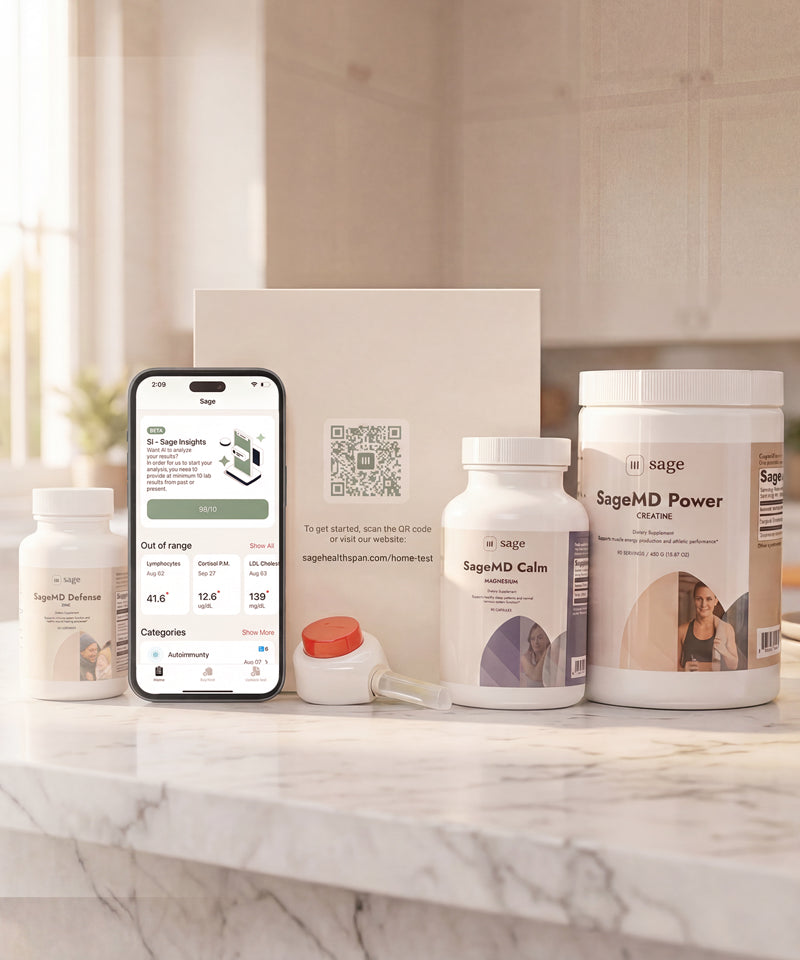 Sage Supplement and At-Home Tasso kit with smartphone displaying Sage health app insights on a kitchen countertop with a warm morning glow.