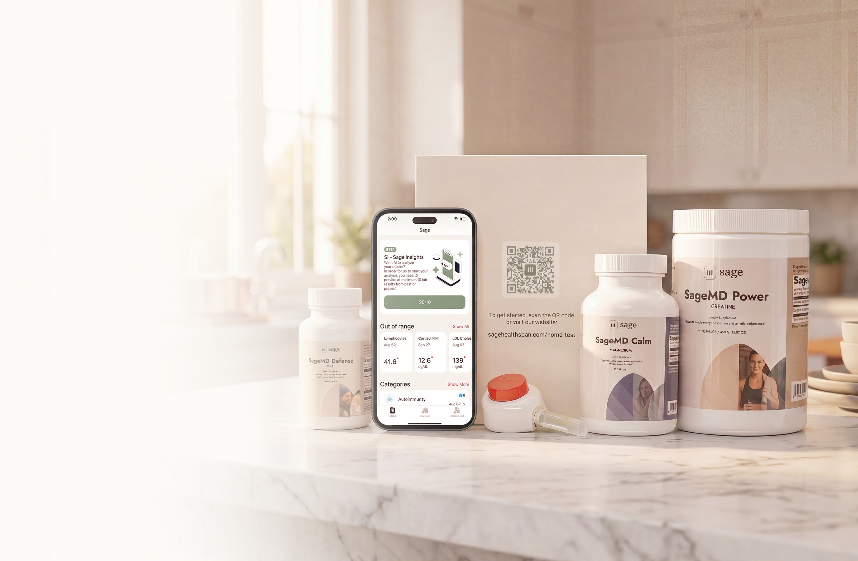 Sage Supplement and At-Home Tasso kit with smartphone displaying Sage health app insights on a kitchen countertop with a warm morning glow.