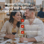 Couple enjoying a meal together with text about digestive health and gut microbiome support.