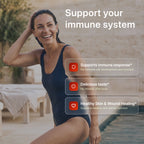 Woman in a swimsuit by a pool with text about supporting the immune system.