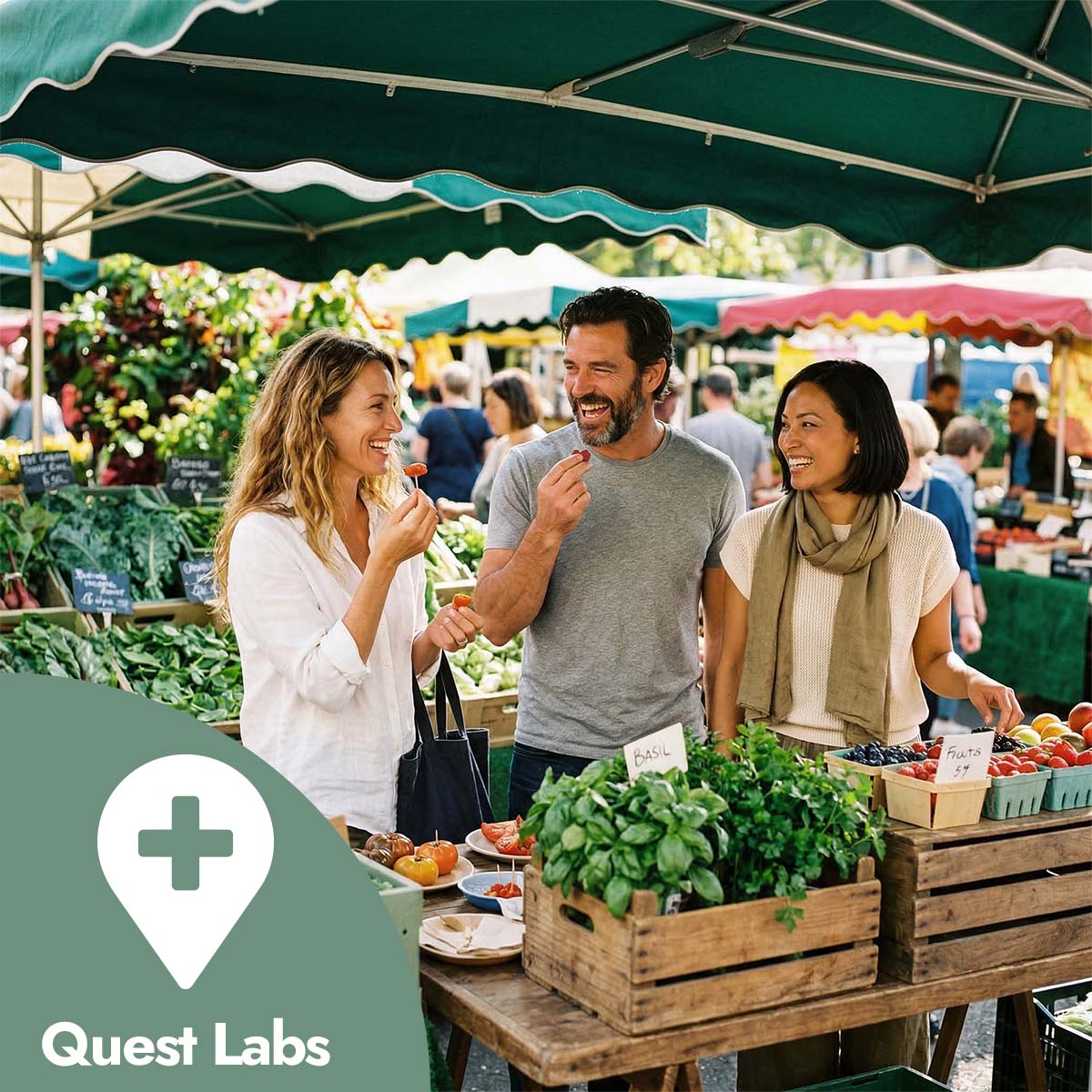 People shopping at an outdoor farmers market with a Quest Labs logo.