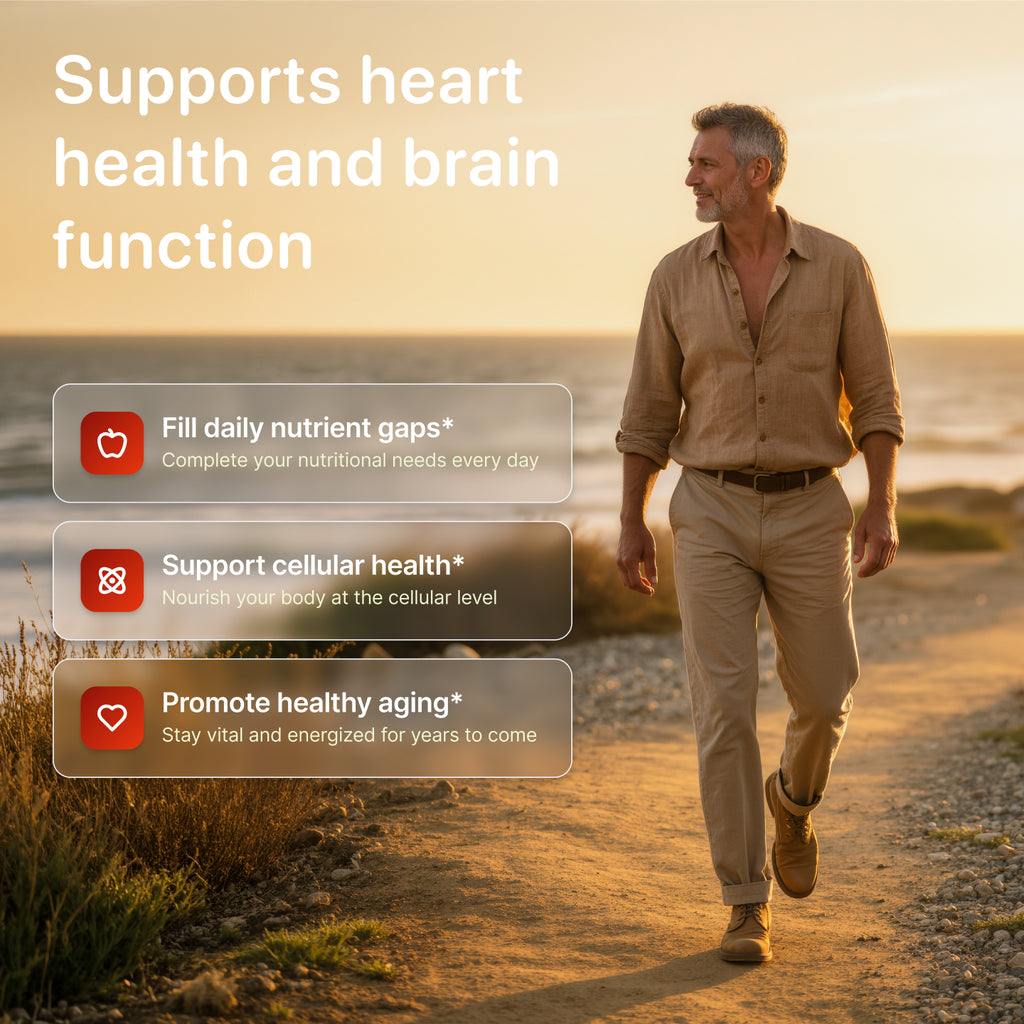Man walking on a path by the beach with text about heart health, brain function, and nutrition.