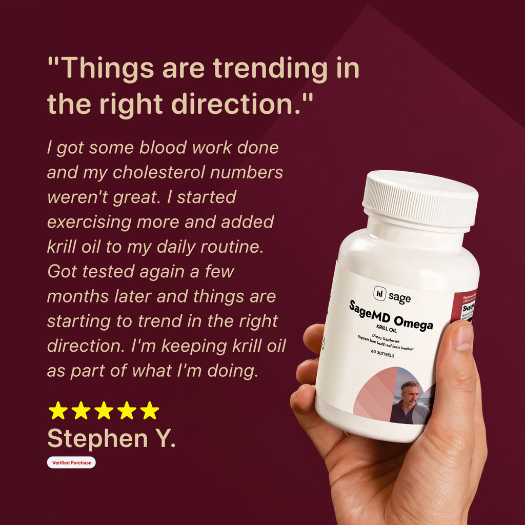 Hand holding a bottle of SageMD Omega supplement with a testimonial on a maroon background