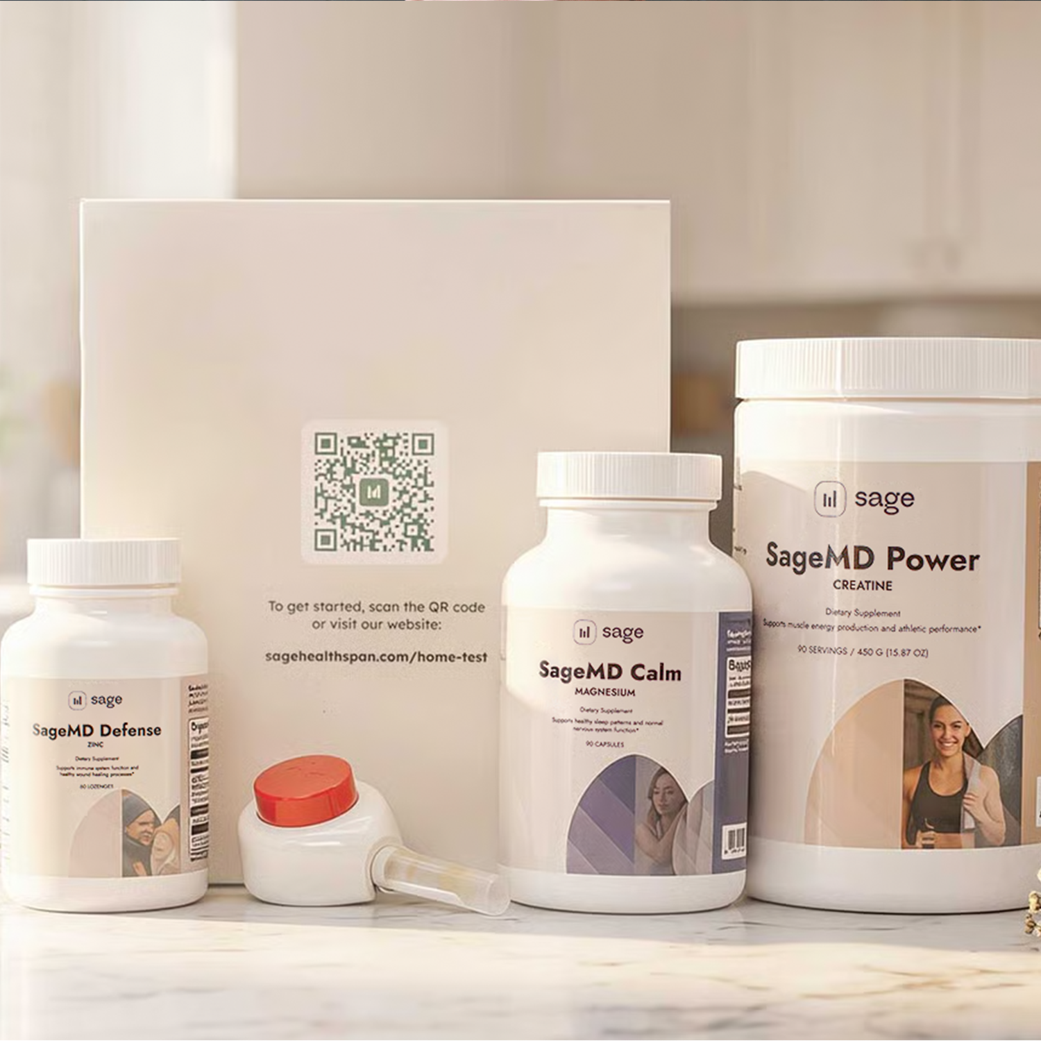 SageMD hormone optimization kit showing 3 SageMD supplements and Tasso blood collection device for at-home blood testing.