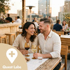 Couple enjoying wine at a rooftop restaurant with cityscape in the background
