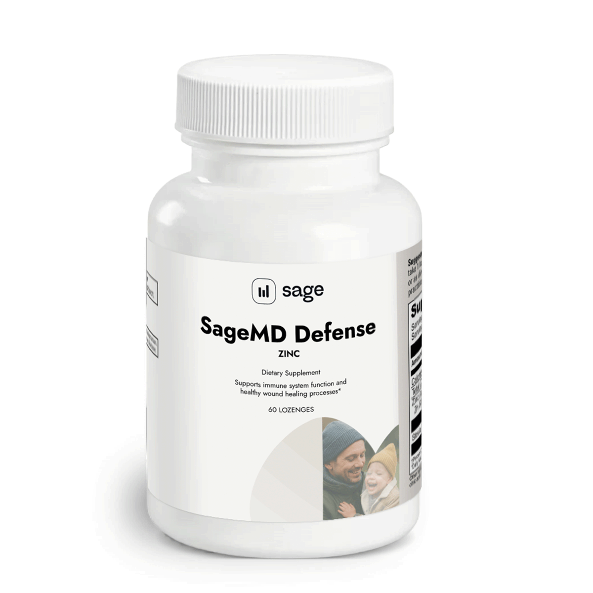 SageMD Defense - Zinc Lozenge 60 Count Bottle Front View | Sage Healthspan