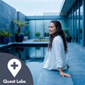 Woman sitting by a pool in a modern outdoor setting with Quest Labs logo.