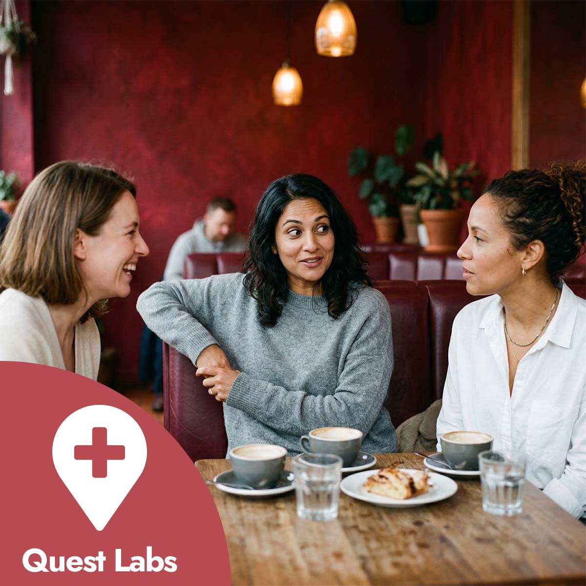Three women sitting at a table in a cafe, engaged in conversation.