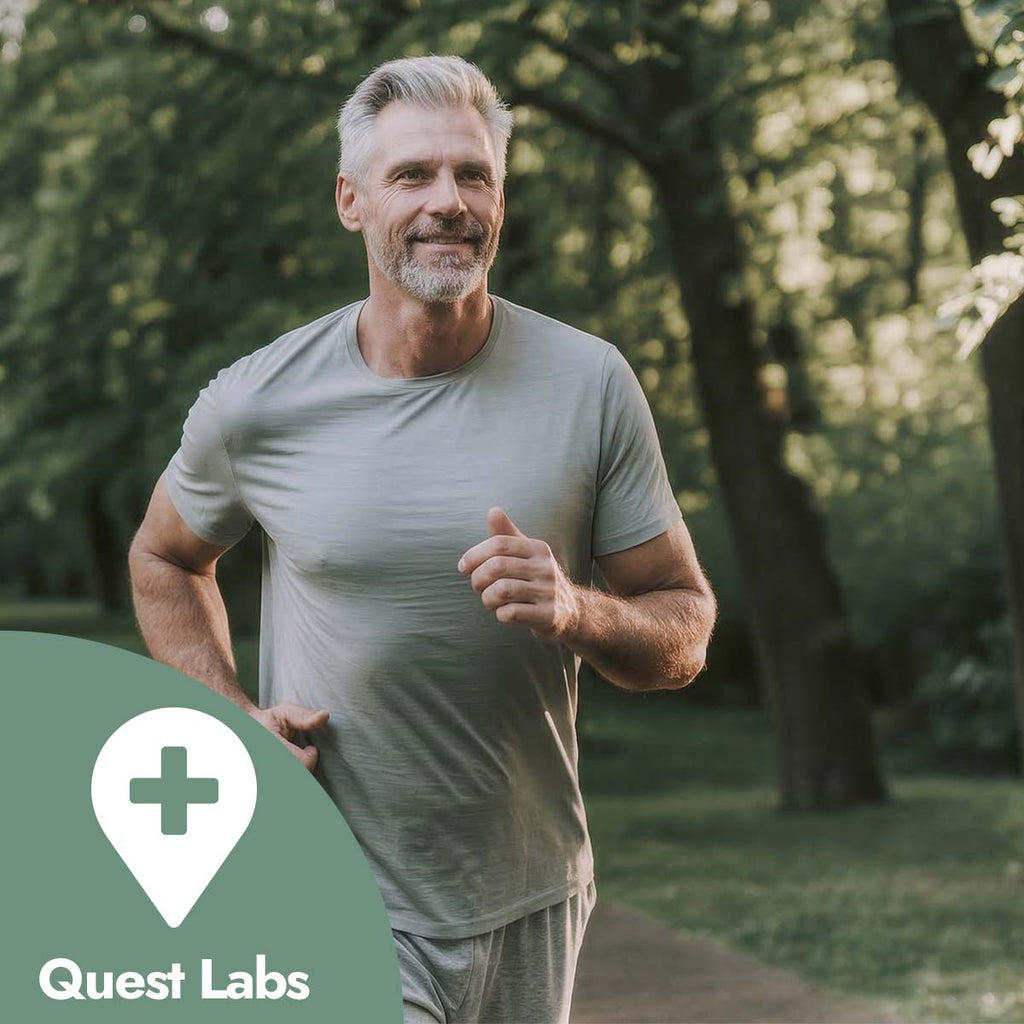 Man running outdoors with Quest Labs logo