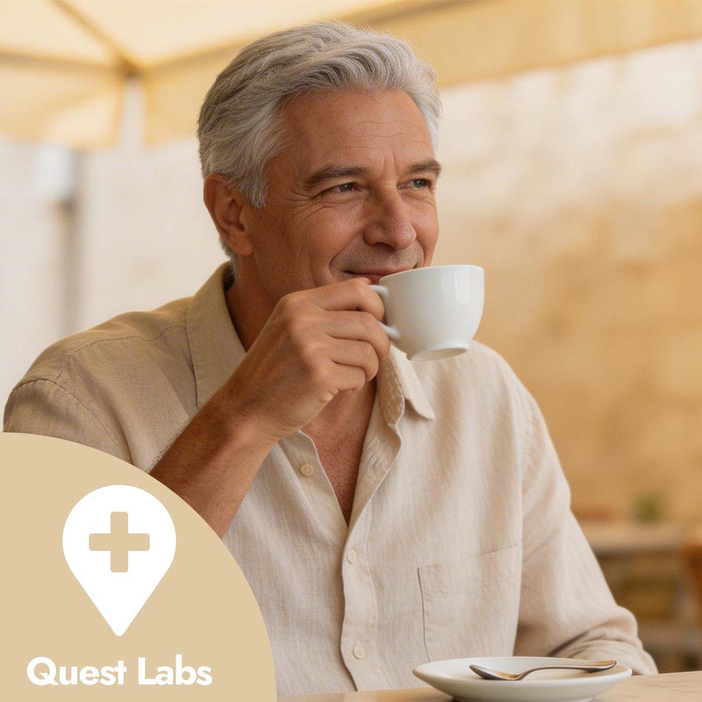 Man drinking from a white cup with a blurred background and Quest Labs logo.