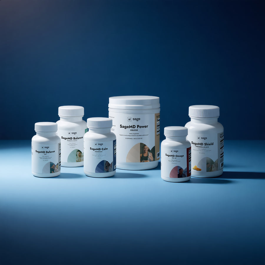 Group image showing SageMD's collection of Supplements, SageMD Calm, SageMD Defense, SageMD Balance, SageMD Power, SageMD Omega, and SageMD Shield.