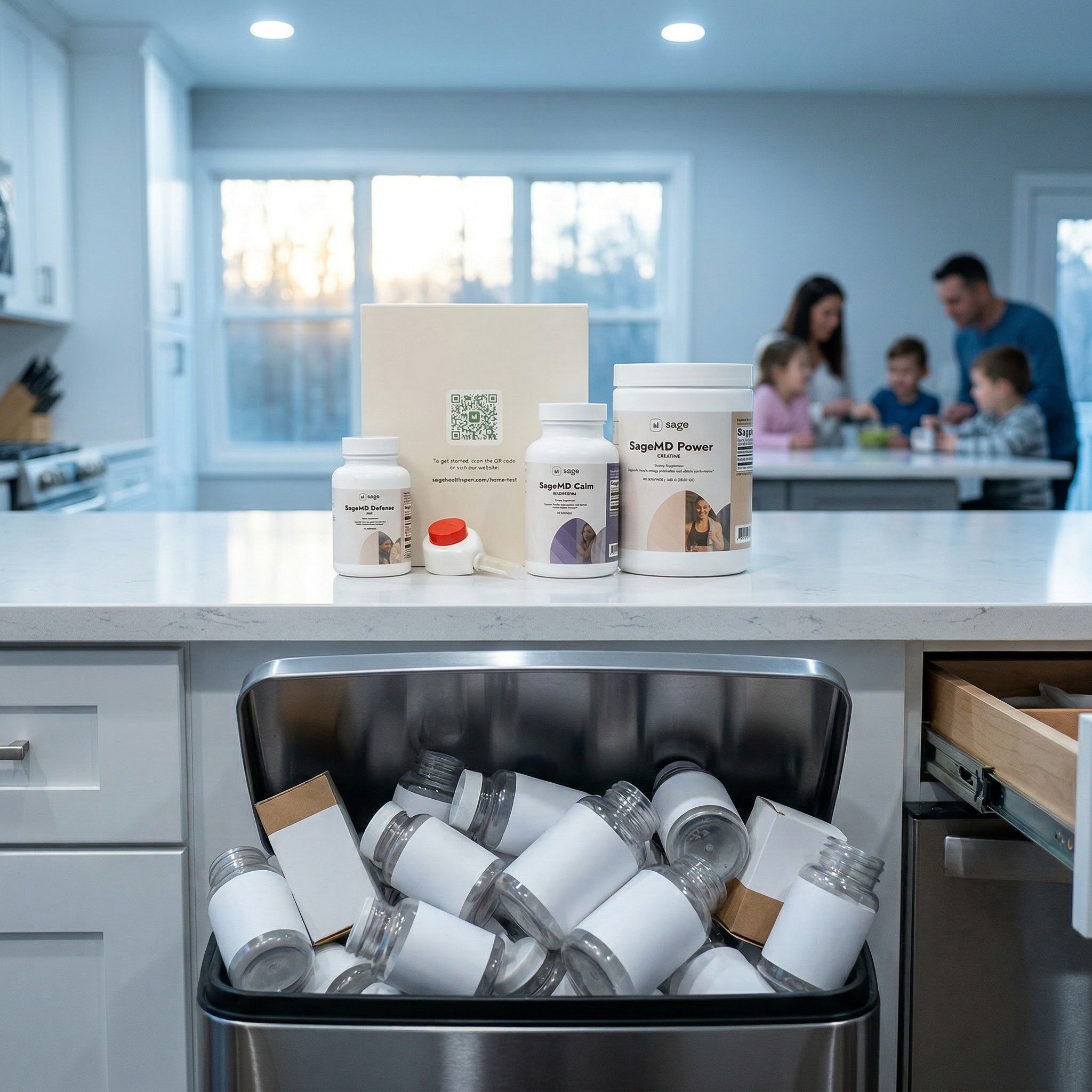 Sage Hormone Optimization Kit sitting on a countertop with a trash bin full of wasted empty supplement bottles below.