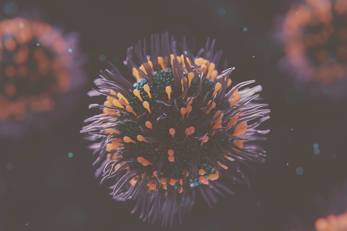Close-up of a virus particle with a dark background
