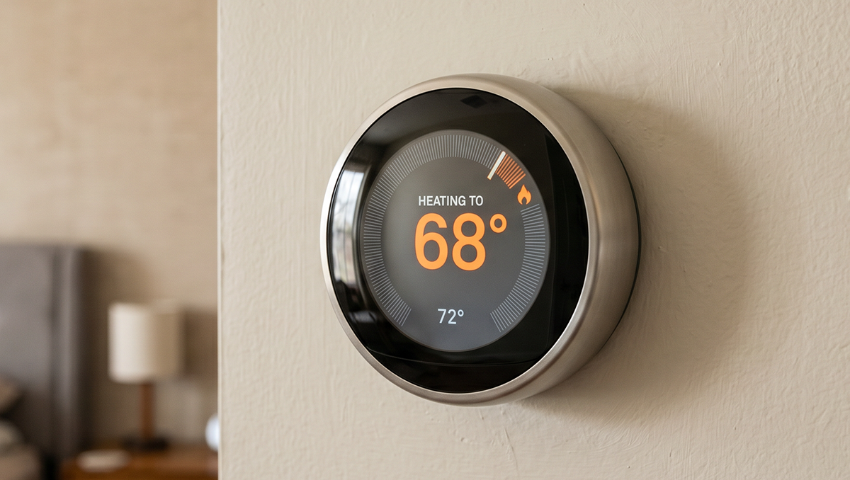Smart thermostat on a wall displaying temperature settings at 68 degrees.