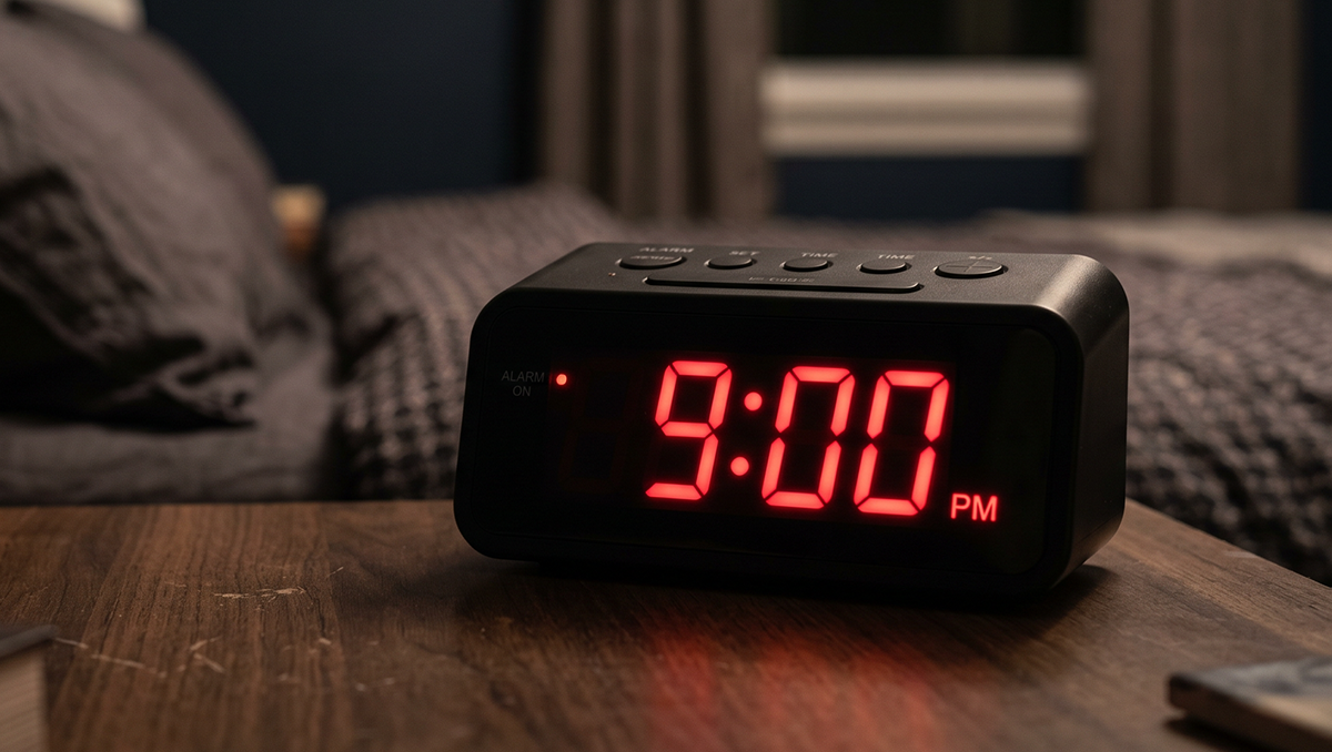Digital clock showing 9:00 PM on a wooden surface next to a bed.