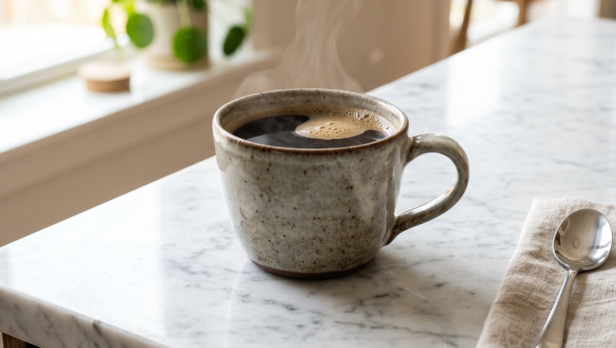 Steaming coffee in a rustic mug on a marble table with a spoon and napkin.
