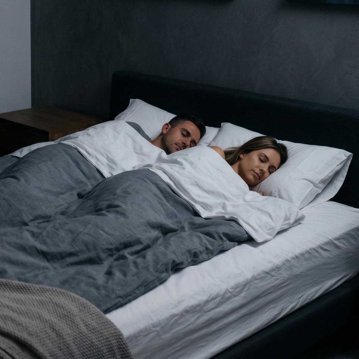Two people sleeping under a gray comforter on a bed in a dimly lit room.