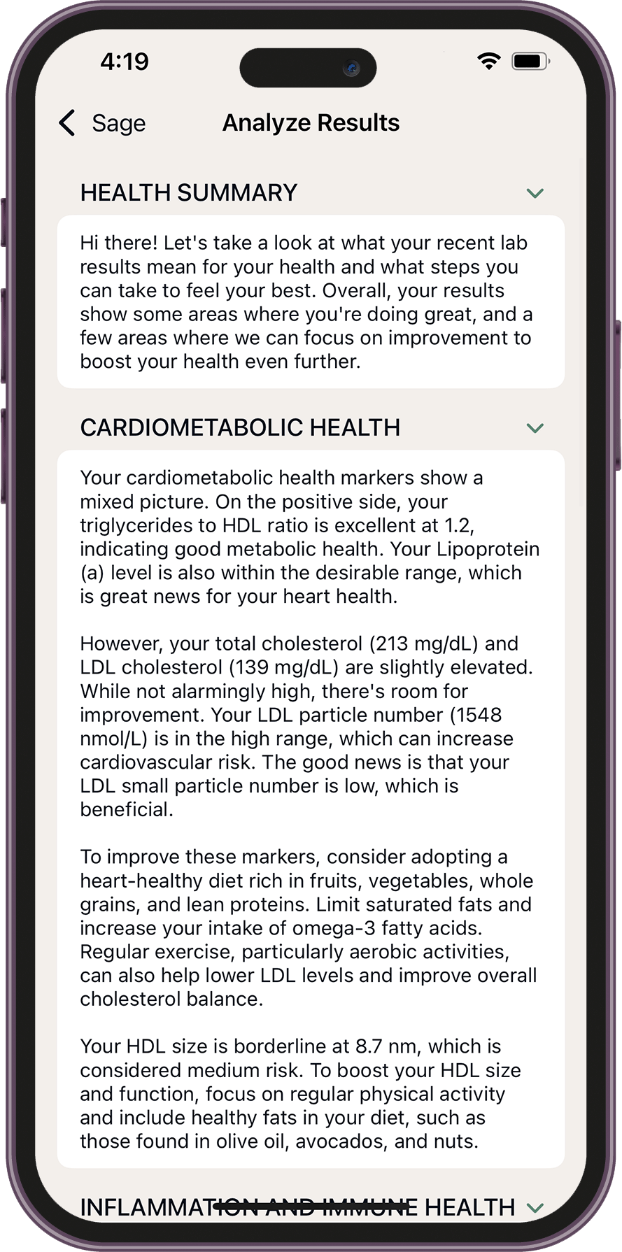 Phone screen displaying a health summary with text on cardiometabolic health and inflammation.