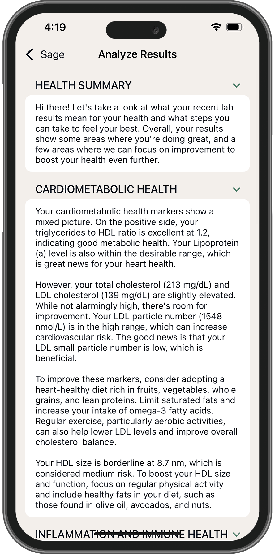 Phone screen displaying a health summary with cardiometabolic health information.