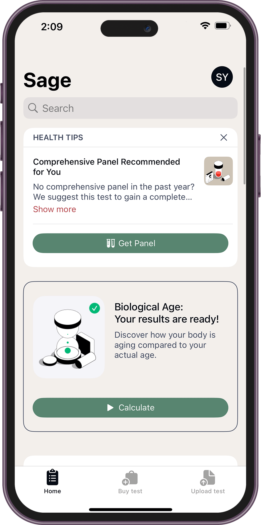 Phone screen displaying the Sage app with health tips and biological age information.