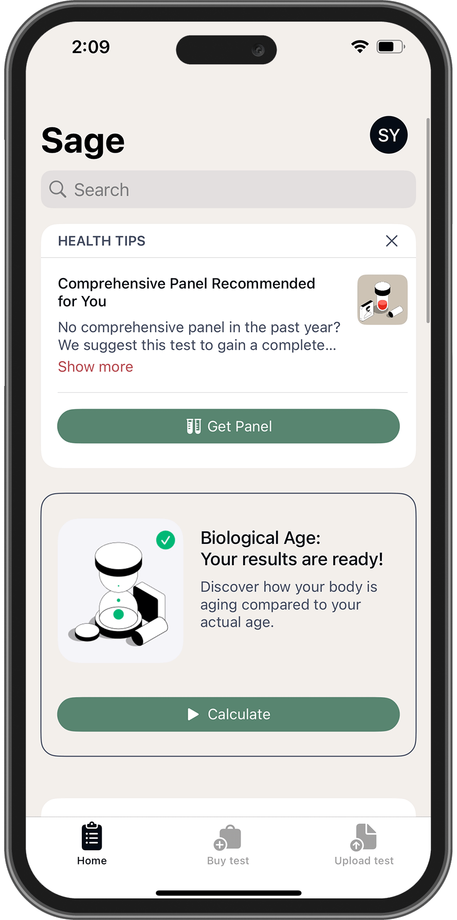 Phone screen displaying the Sage app with health tips and biological age information.