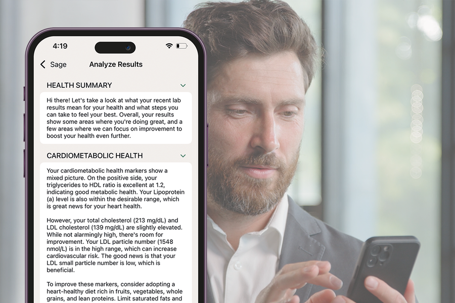 Man using a smartphone with Sage health app Health Summary results displayed.