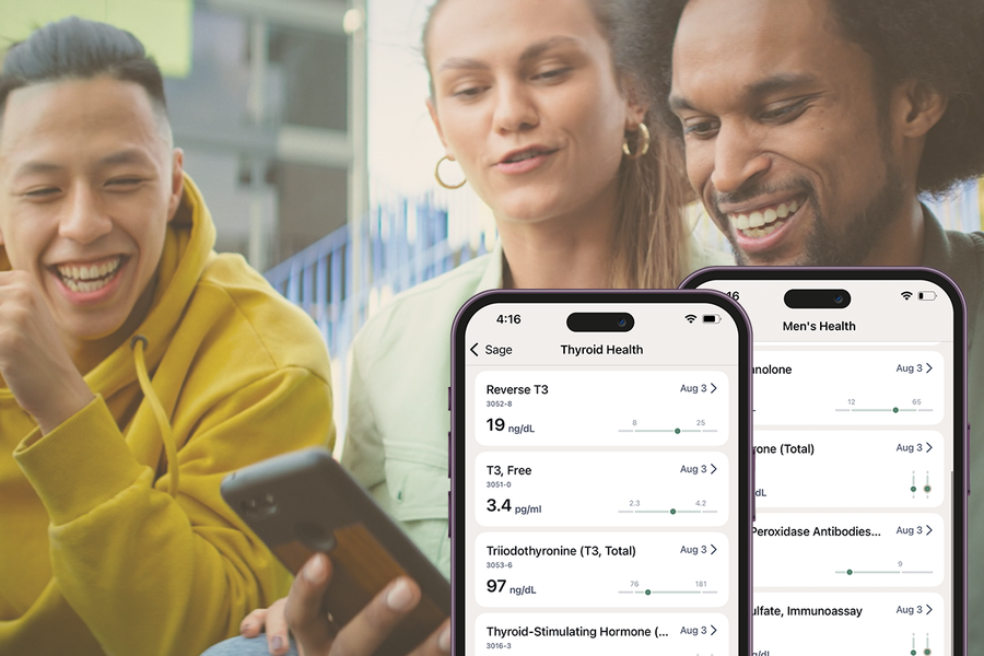 Two people looking at a smartphone with Sage health app screens for Thyroid and Men's health showing their biomarkers.