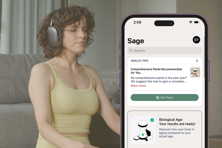 Woman wearing headphones using a smartphone app called 'Sage' with health tips and Biological Age results.