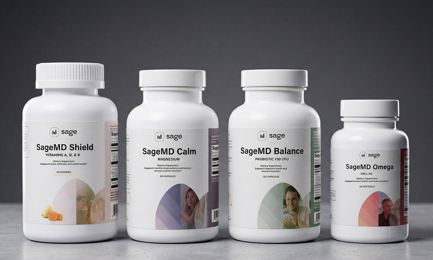Four bottles of SageMD supplements on a gray surface with a dark background