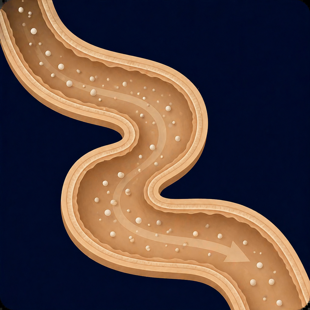 Illustration of a intestine pathway with white particles on a dark blue background.