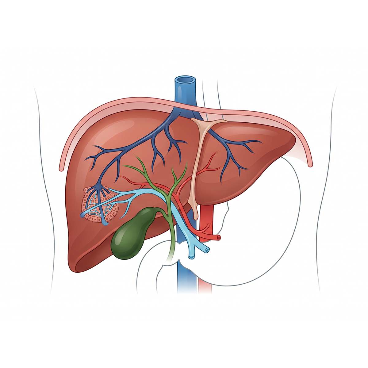 Diagram of a liver with blood vessels on a white background