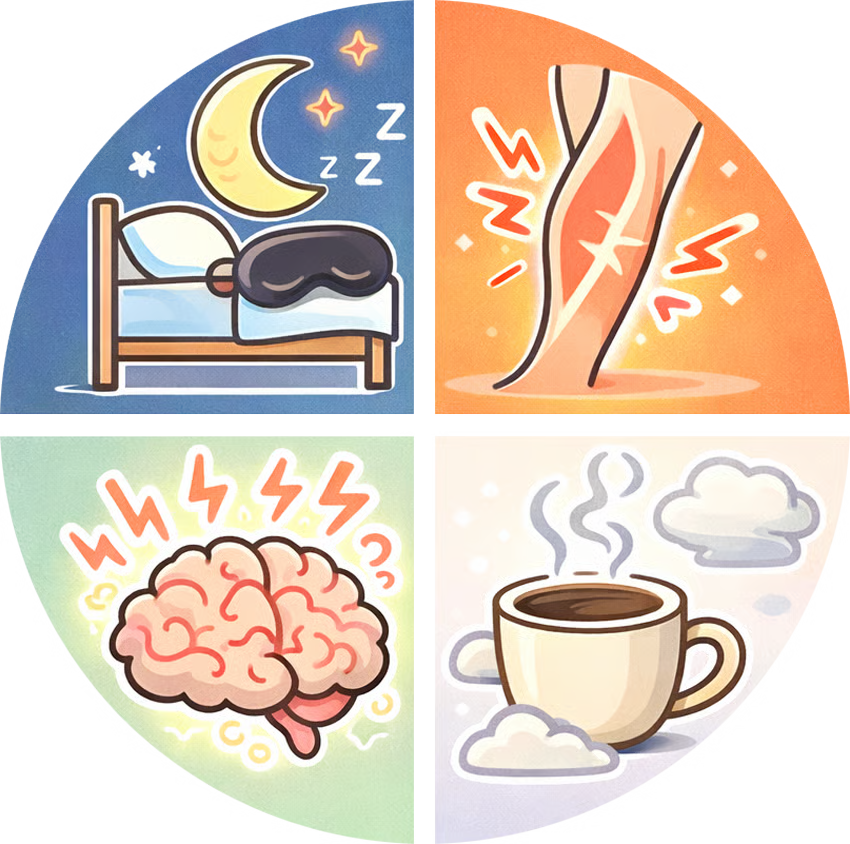Four stylized icons representing sleep, caffeine, brain activity, and coffee on a white background.