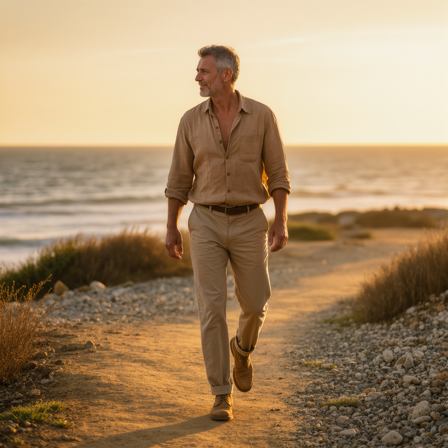Man walking along a path by the ocean at sunset