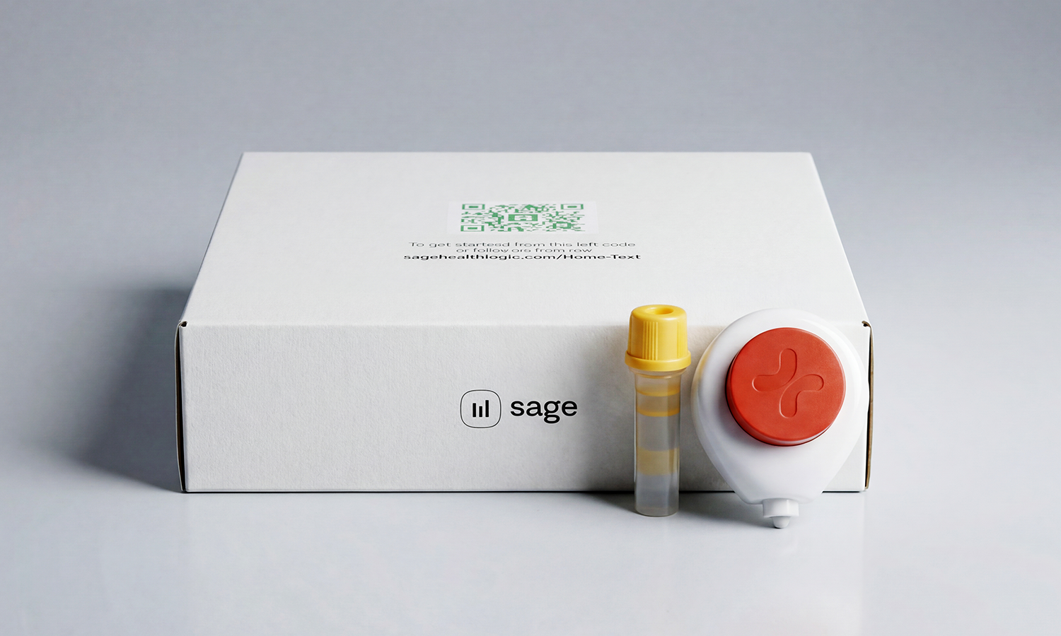 Sage at-home test kit box with Tasso blood collection device.