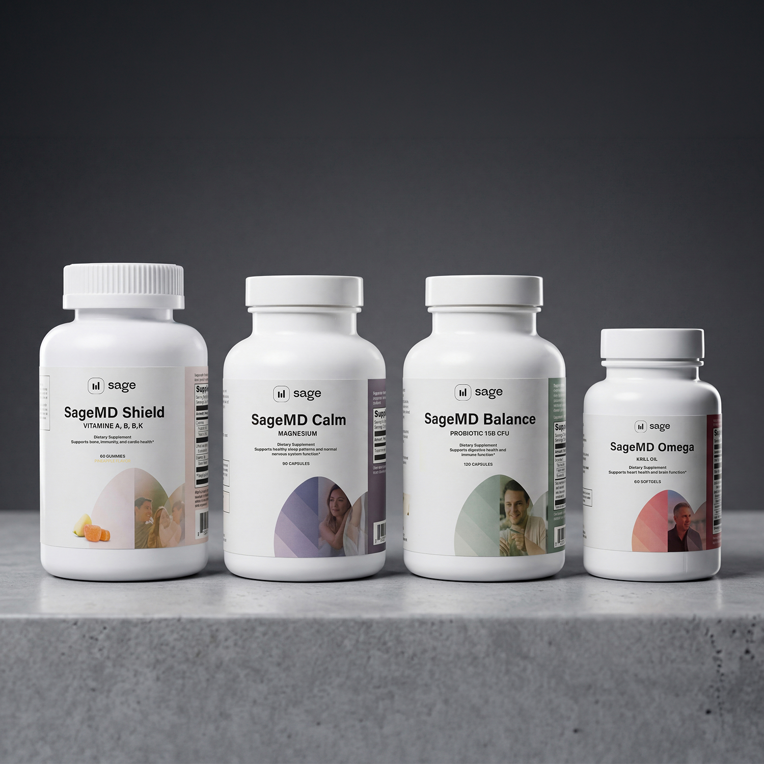 Four bottles of SageMD supplements on a gray surface with a dark background