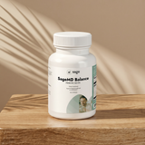 SageMD Balance supplement bottle on a wooden surface with a beige background