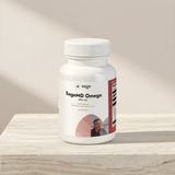 SageMD Omega supplement bottle on a wooden surface with a neutral background