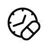 Black clock icon on a white background with a pill