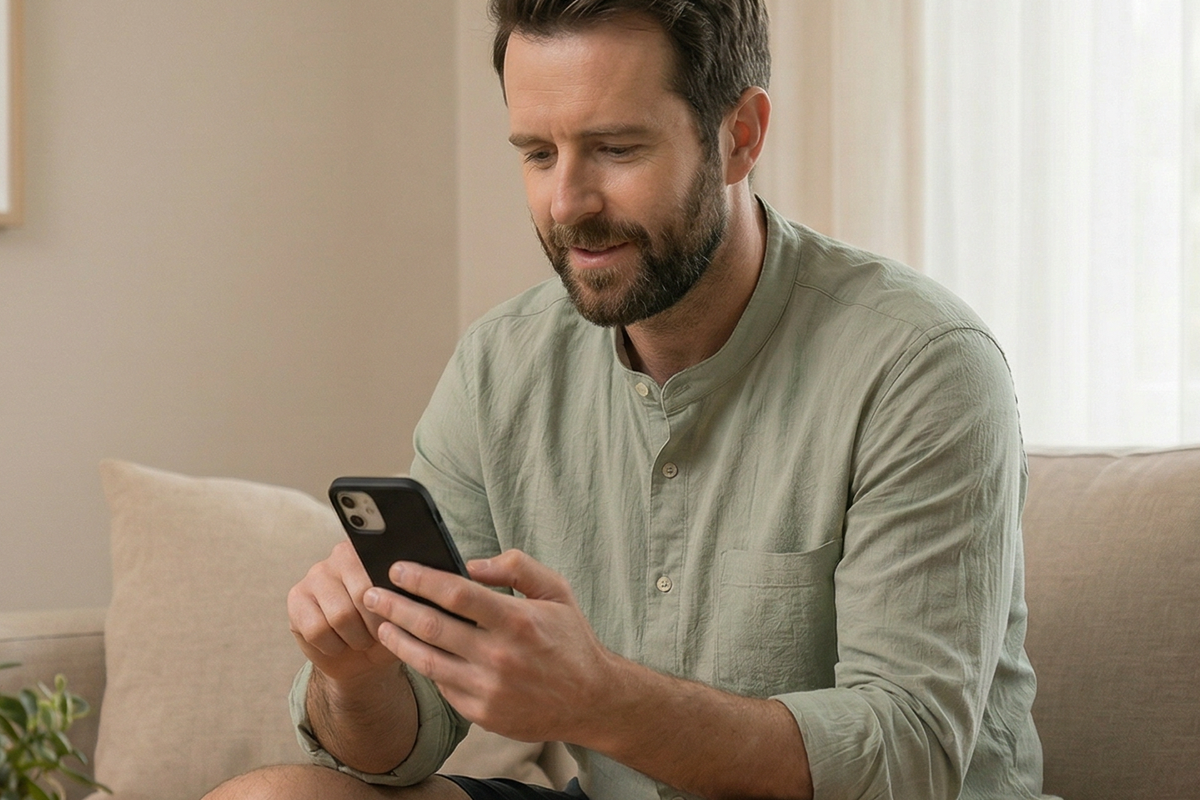 Man sitting on a couch using a smartphone in a home setting