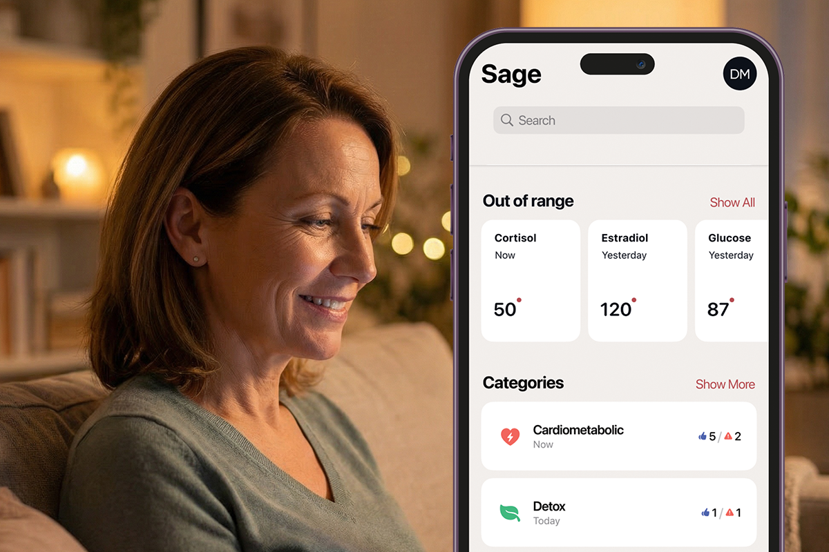 Woman using a smartphone app with 'Sage' displayed, showing health monitoring data.