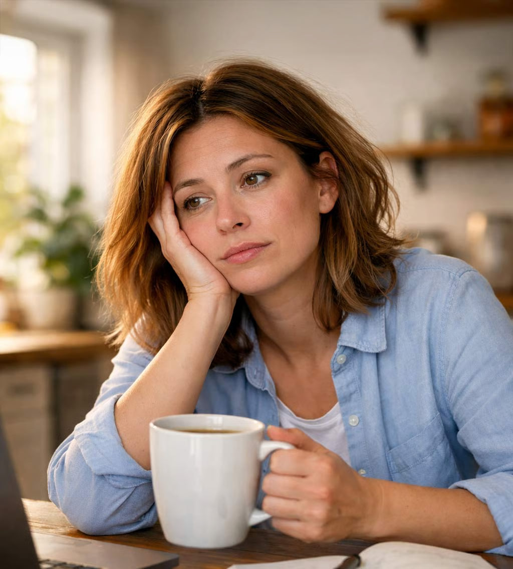 Woman holding a mug with a laptop on a table in a home setting